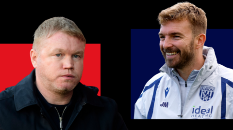 A photo of Grant McCann (left) in front of a red background side-by-side with a photo of James Morrison (right) in front of a dark blue background