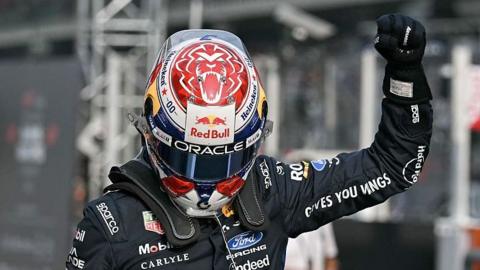 Max Verstappen celebrates pole at Sepang