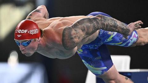 Adam Ramsay-Peaty dives at the start of his 50m breaststroke heat at the 2026 European Aquatics Championships in Paris