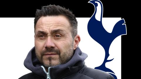 Roberto de Zerbi in front of a white and black background and the Tottenham Hotspur club badge