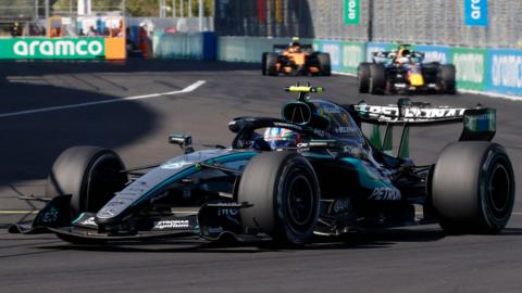 Kimi Antonelli ahead of Max Verstappen and Lando Norris during the Spanish Grand Prix