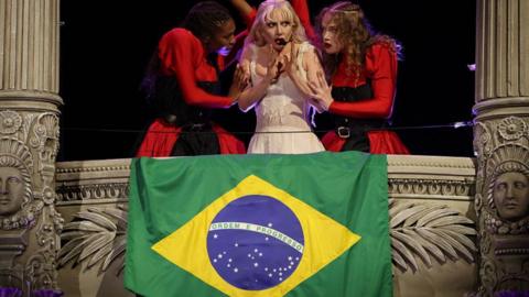 Lady Gaga (C) performs during a free mega concert at Copacabana beach in Rio de Janeiro, Brazil, 03 May 2025.