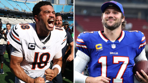 A split picture showing Caleb Williams and Josh Allen celebrating