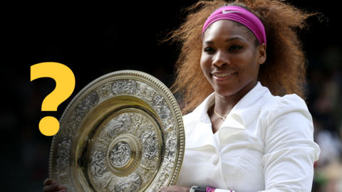 Serena Williams holding the Wimbledon trophy with a yellow question mark overlayed