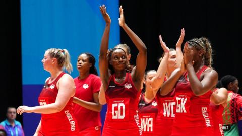 England players applaud the crowd after their win against Malawi at the Commonwealth Games in Glasgow