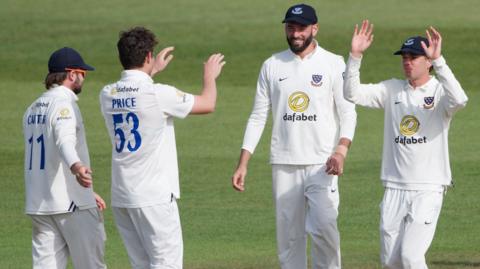 Sussex players celebrate a wicket