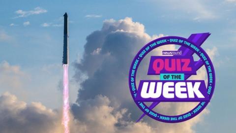 SpaceX rocket after take-off with Newsround Quiz of the Week logo next to it.