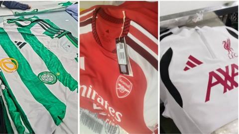 Photos of a Celtic shirt, an Arsenal shirt and a Liverpool training top inside Cambodian factories.