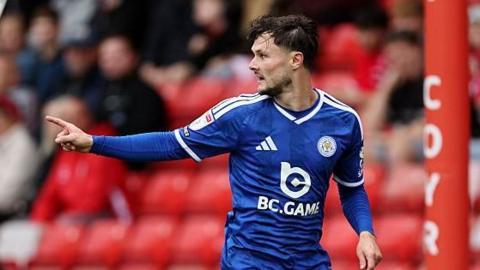 Liam Cullen celebrates scoring for Leicester at Barnsley