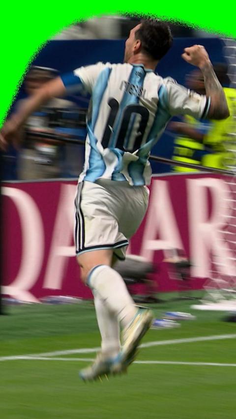 Lionel Messi with his fists in the air to celebrate Argentina winning against Egypt in the 2026 World Cup.