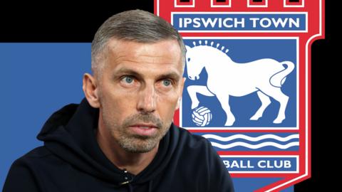 Promotional graphic of Gary O'Neil in front of blue and black background and Ipswich Town badge