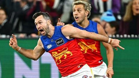 Conor McKenna celebrates scoring his goal of the season against Collingwood in August 