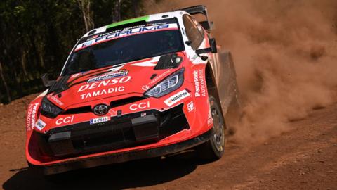 Elfyn Evans Rally1 Toyota Yaris throws up dust