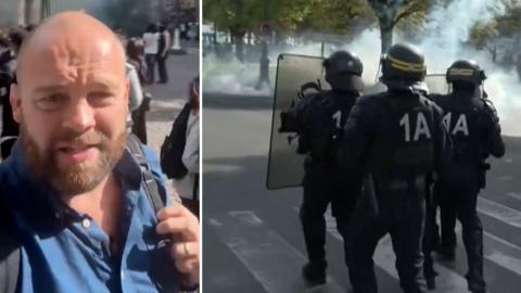 Split screen image with James Waterhouse (l) - Riot police in Paris (r)