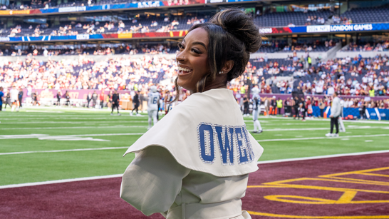 Simone Biles at the Indianapolis Colts' game against the Washington Commanders in London in October 2026