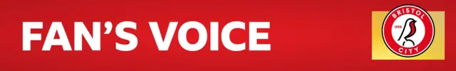 A red banner with 'fan's voice' written in white letters and the Bristol City club badge on top of a yellow square on the right of the banner