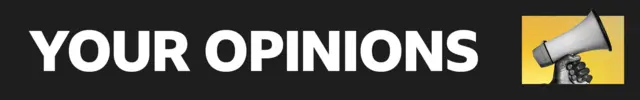 BBC Your Opinions banner on a black background with a hand holding a megaphone at the end of it