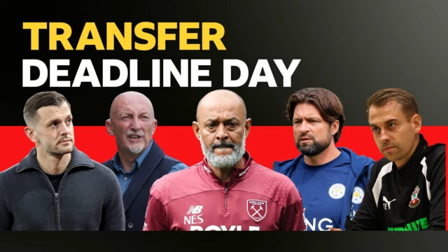 BBC Sport's transfer deadline day graphic. Transfer is written in yellow and deadline day is written in white on a black background. Below, Luton Town boss Jack Wilshere, Swindon Town's Ian Holloway, West Ham manager Nuno Espirito Santo, Leicester manager Russell Martin and Southampton's Tonda Eckert appear next to each other on top of a red banner.