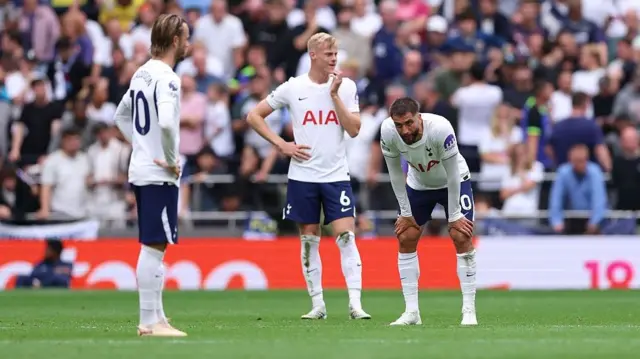 Rodrigo Bentancur, Jan Paul van Hecke and James Maddison of Tottenham 