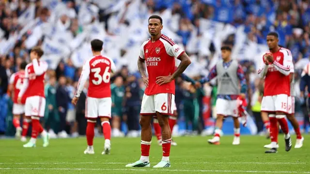 Gabriel of Arsenal looks on
