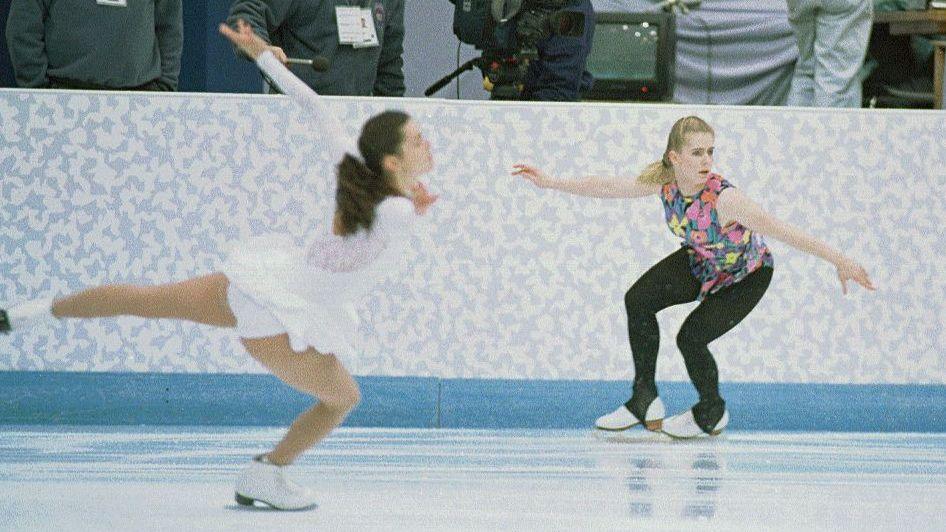 Nancy Kerrigan and Tonya Harding skate