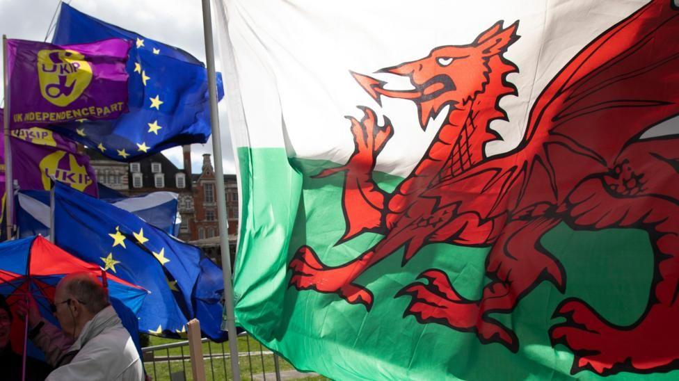 European Union and UKIP flags emeshed together with a large Welsh flag in the side