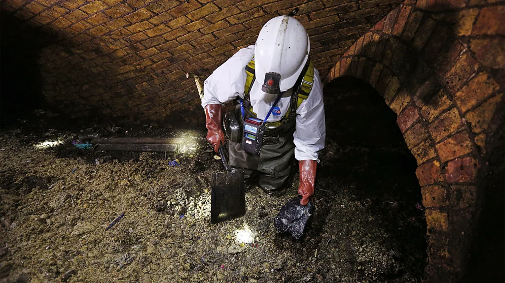 An autonomous inspection robot at one end of a long sewer pipe with water running along the bottom section (Credit: Pipeon project)