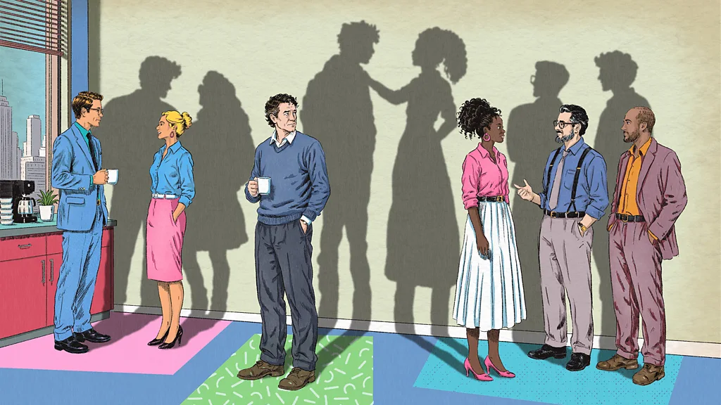 An illustration of an older man with curly hair stands in front of a mirror in a bathroom, in his reflection his younger teenage self is shown surrounded by eight female and male friends dressed in 1970s/80s fashion (Credit: BBC/ Emmanuel Lafont)