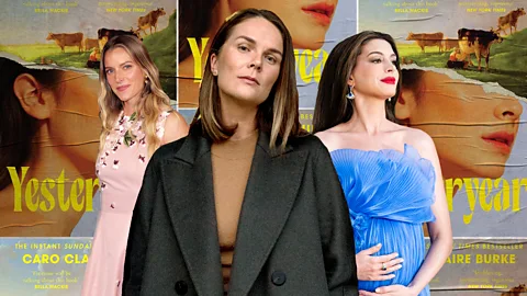 A composite of Hannah Neeleman, Caro Claire Burke and Anne Hathaway, with the cover of Yesteryear repeated in the background (Credit: Getty Images/ Harper Collins)