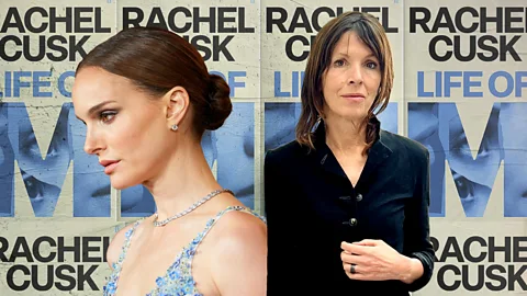 A composite of Natalie Portman and Rachel Cusk, with a repeated background pattern of the book cover of Life of M (Credit: Siemon Scamell-Katz/ Getty Images)