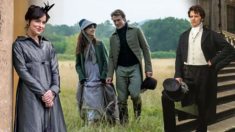 Collage of Dakota Johnson in Persuasion, Daisy Edgar-Jones and George MacKay in Sense and Sensibility, and Colin Firth in Pride and Prejudice (Credit: Universal/ Alamy)