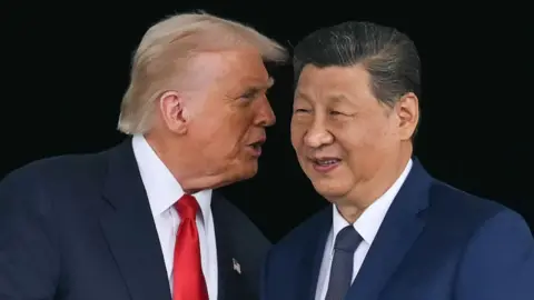 Trump talking into Xi Jinping's ear, they are both wearing suits. Trump has a red tie and Xi has a blue tie