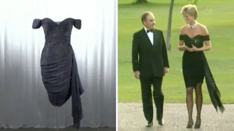 on the left, the 'revenge dress', on the right Princess Diana wearing it
