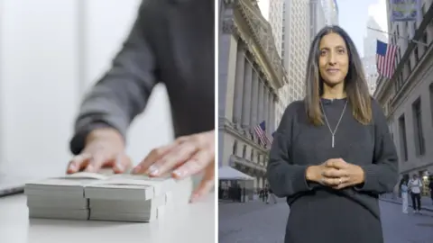 A split screen of a pair of hands pushing money on a table and a woman standing on Wall Street.