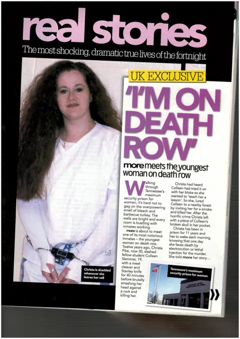More Magazine magazine print out of an interview in More magazine which reads "real stories, UK Exclusive "I'm on death row" alongside a photo of Christa Pike. 