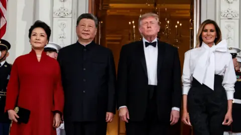 Peng Liyuan, Xi Jinping, Donald Trump and Melania Trump trump standing in a line outside the White House in Washington, DC