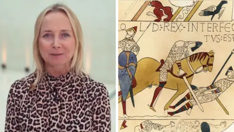 Katie Razzal split screen with the Bayeux Tapestry
