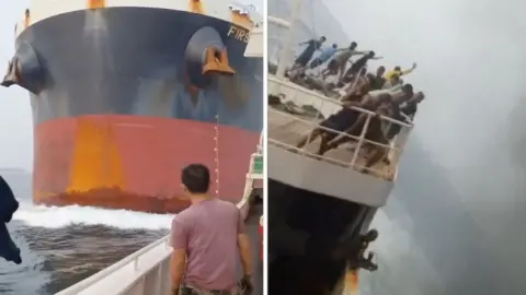 A split screen of a cargo ship heading in the direction of another fishing vessel, and on the right the fishing vessel tipping after being hit.