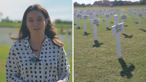 A split screen: On the left, Ione Wells; on the right, white crosses on the grass.