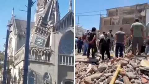 Split screen. Left, church is seen damaged after earthquake. Right, damage is seen from the earthquake.