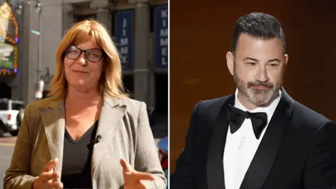BBC's Regan Morris in a split screen with Jimmy Kimmel.