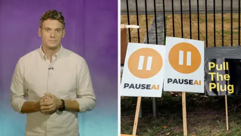 On the left, Joe Tidy. On the right, two signs saying PAUSE AI and another that says Pull The Plug.