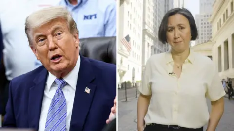 Split screen. Donald Trump on the left. Michelle Fleury on the right.