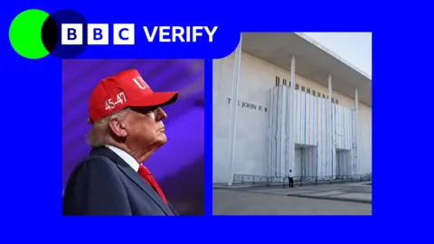 A composite image showing Donald Trump on the left, the Kennedy centre on the right, below the BBC Verify logo.
