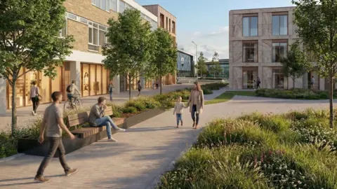 An artist's impression shows several square three-storey buildings overlooking a small pedestrian area with green shrubs and benches.