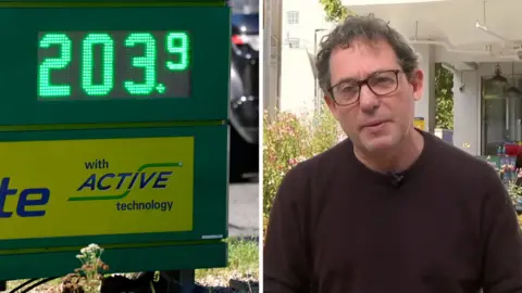 A petrol station sign displaying the price of diesel fuel. On the right, business editor Simon Jack.