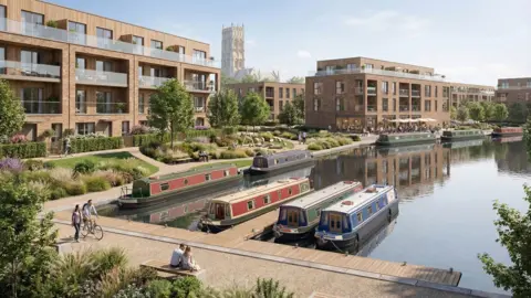 Doncaster Council An artist's impression of several square apartment blocks overlooking a canal with barges moored up. There is a path around the canal for cycles and pedestrians with green areas and planting.