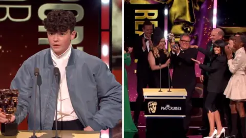 Split-screen showing actor Owen Cooper holding Bafta on the left and Celebrity Traitors cast on the right