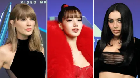 Composite image of Taylor Swift, Lisa and Charli XCX on the VMAs red carpet