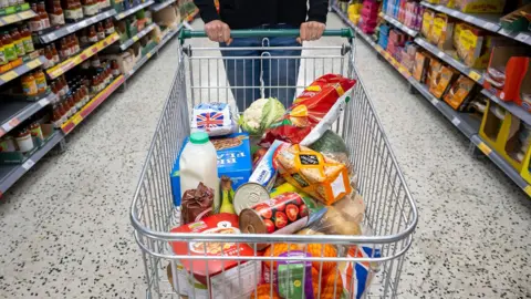 A supermarket trolley full of groceries